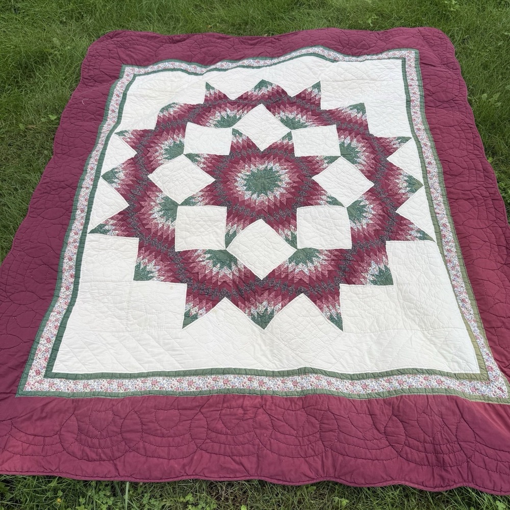 Vintage Handmade Patchwork Quilt 86x77 Burgundy Green Floral Full Queen